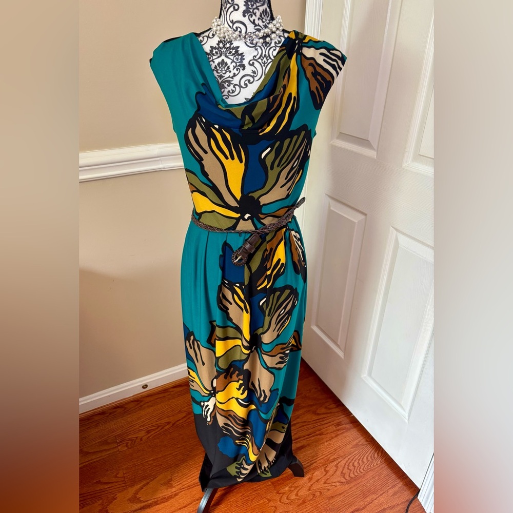 Danny & Nicole- Women Floral Maxi Dress, Teal & Black Cowl Neck, sleeveless, S